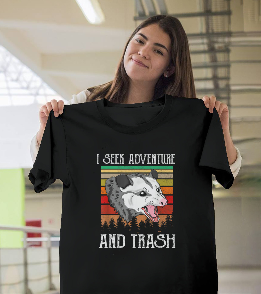 I Seek Adventure And Trash Funny Opossum Retro Forest T-Shirt
