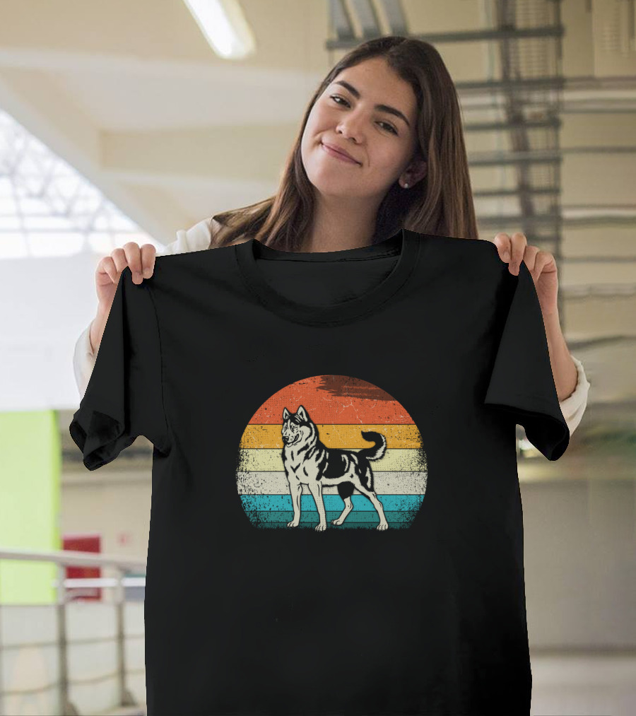Vintage Retro Siberian Husky Striped Circle T-Shirt