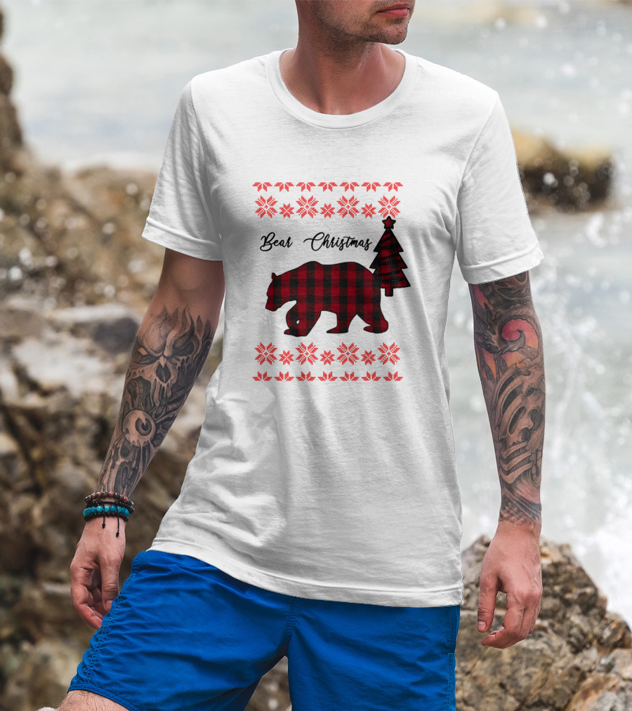 Bear Christmas Plaid Bear With Tree And Snowflake T-Shirt