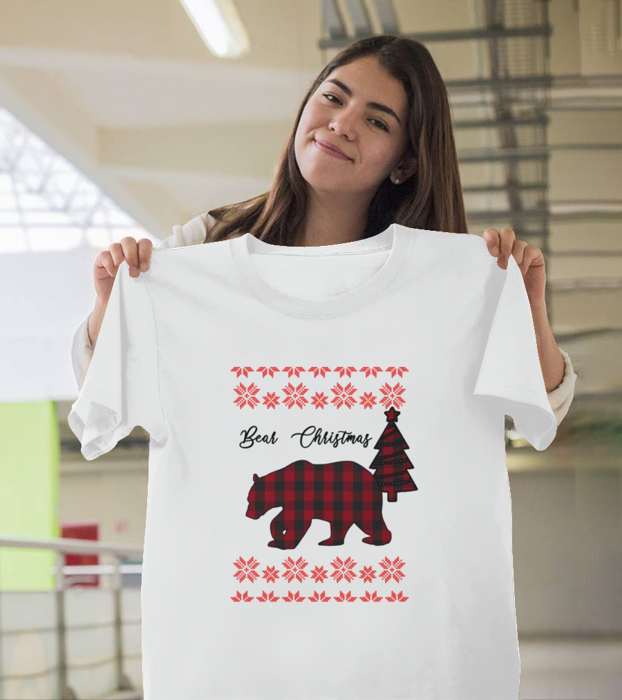 Bear Christmas Plaid Bear with Tree and Snowflake T-Shirt