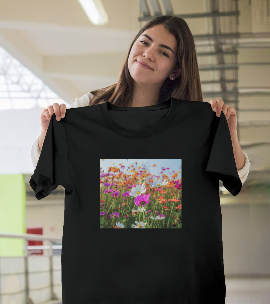 Beautiful View Of Vibrant Colorful Cosmos Flower Field T-Shirt