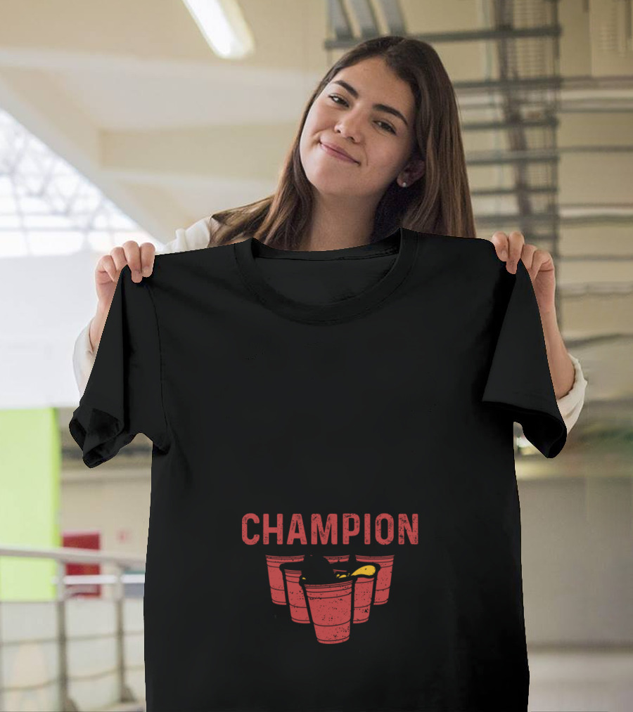 Beer Pong Champion Red Solo Cups Black Ball Iconic Winning T-Shirt