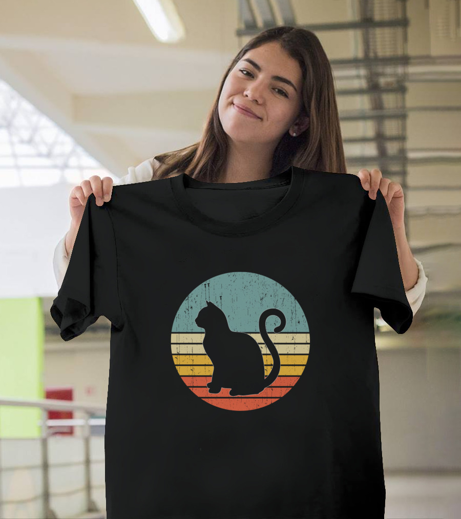 Cat Silhouette Retro Sunset Vintage Style Circular T-Shirt