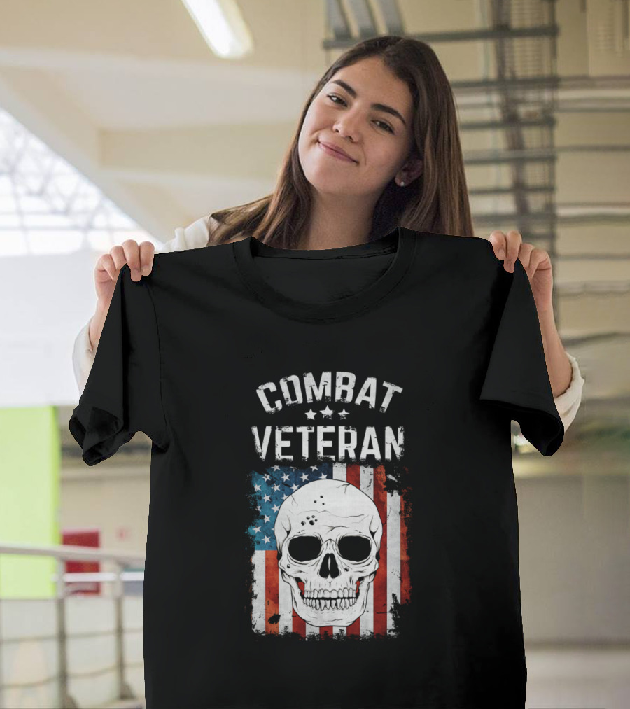 Combat Veteran Skull with American Flag Background T-Shirt