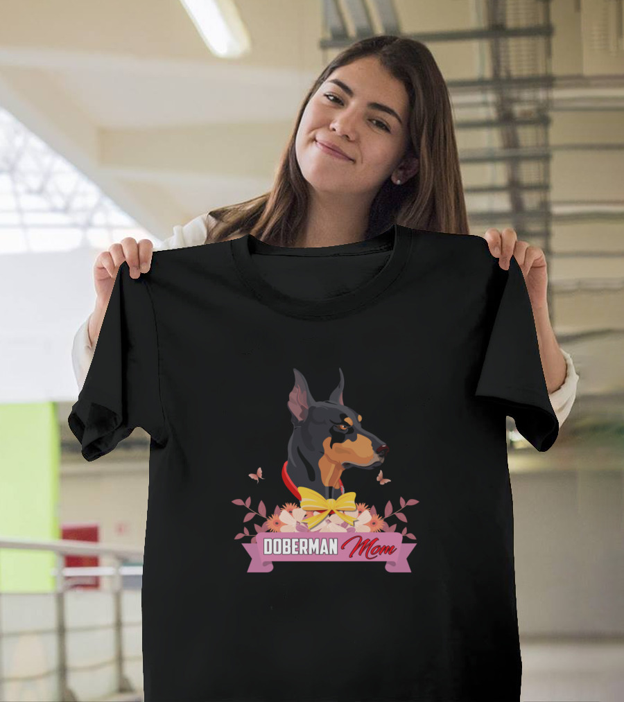 Doberman Mom Dog Lover Floral Bow and Butterfly Accents T-Shirt