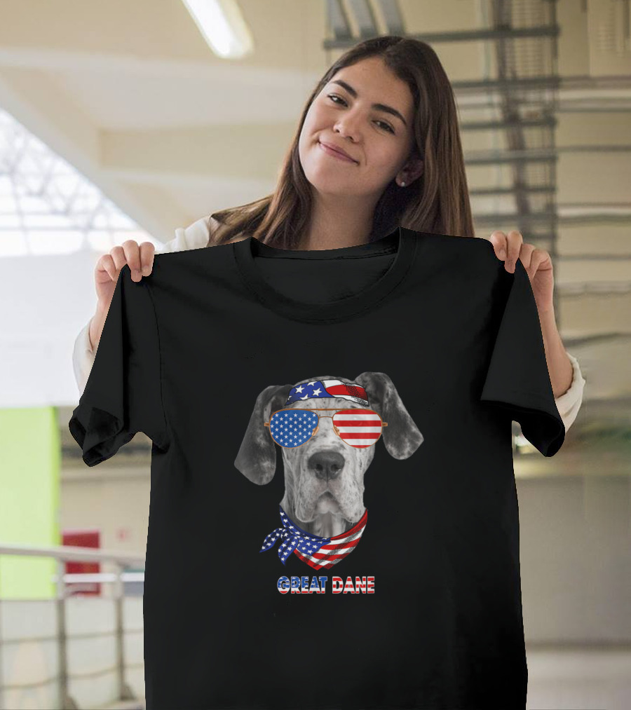 Great Dane Dog Lover American Flag Bandana and Sunglasses T-Shirt
