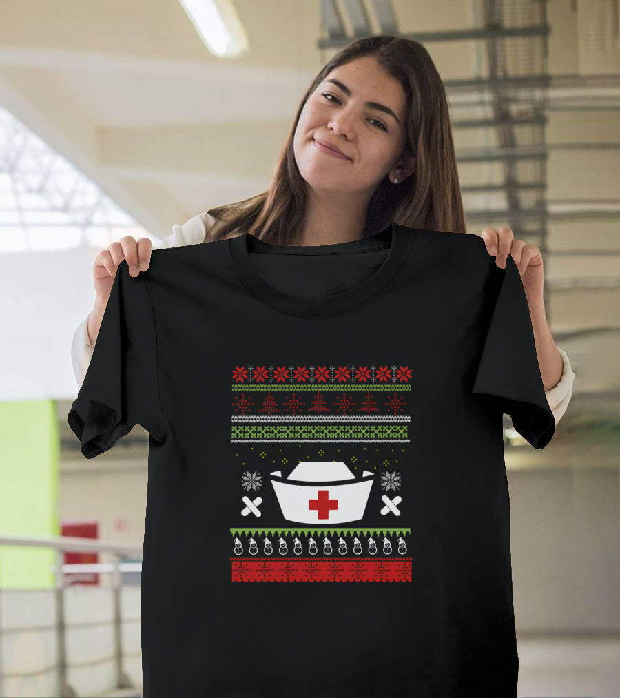 Funny Nurse Crew Santa Hat Reindeer Merry Nurse Hat Crossbones Christmas T-Shirt