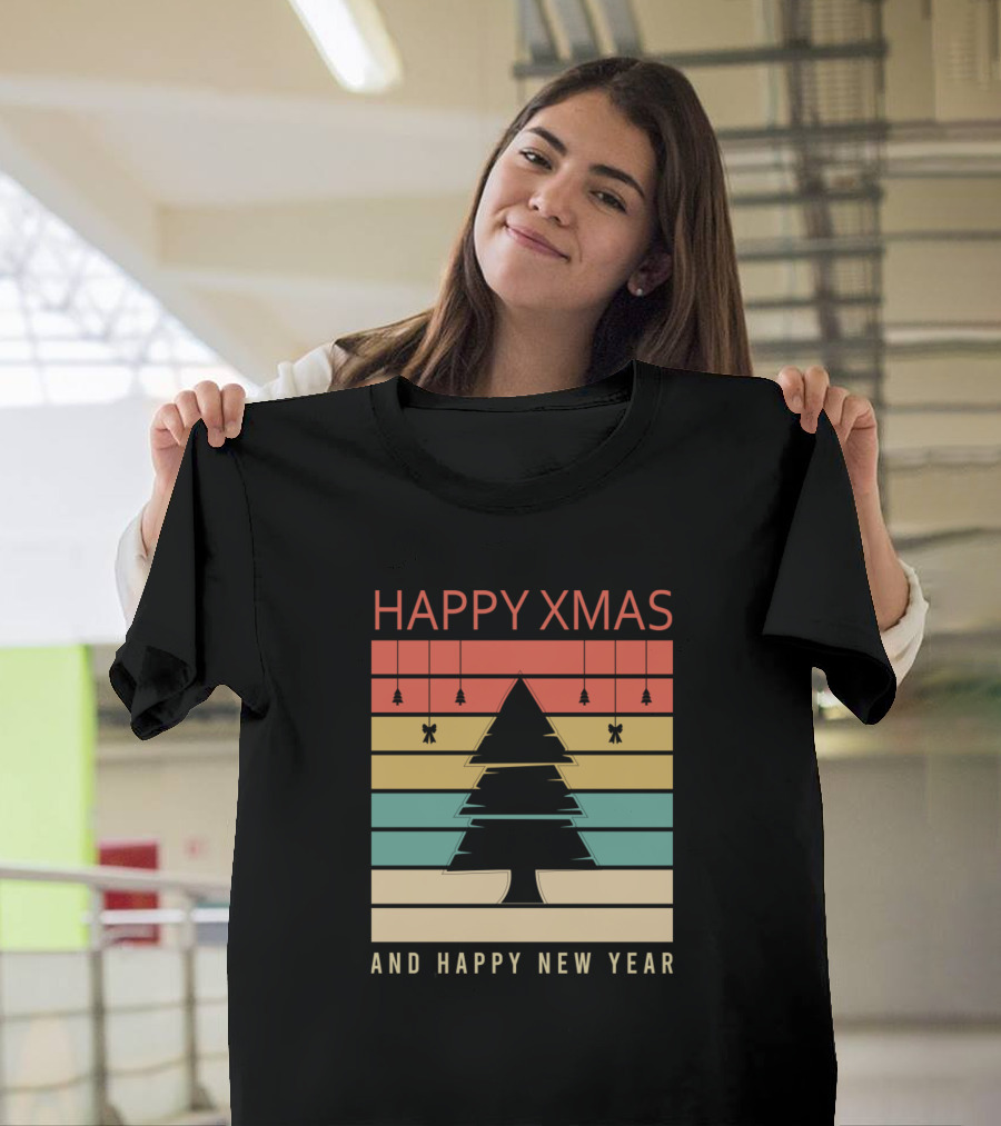 HAPPY XMAS AND HAPPY NEW YEAR Christmas Tree Retro Stripes T-Shirt