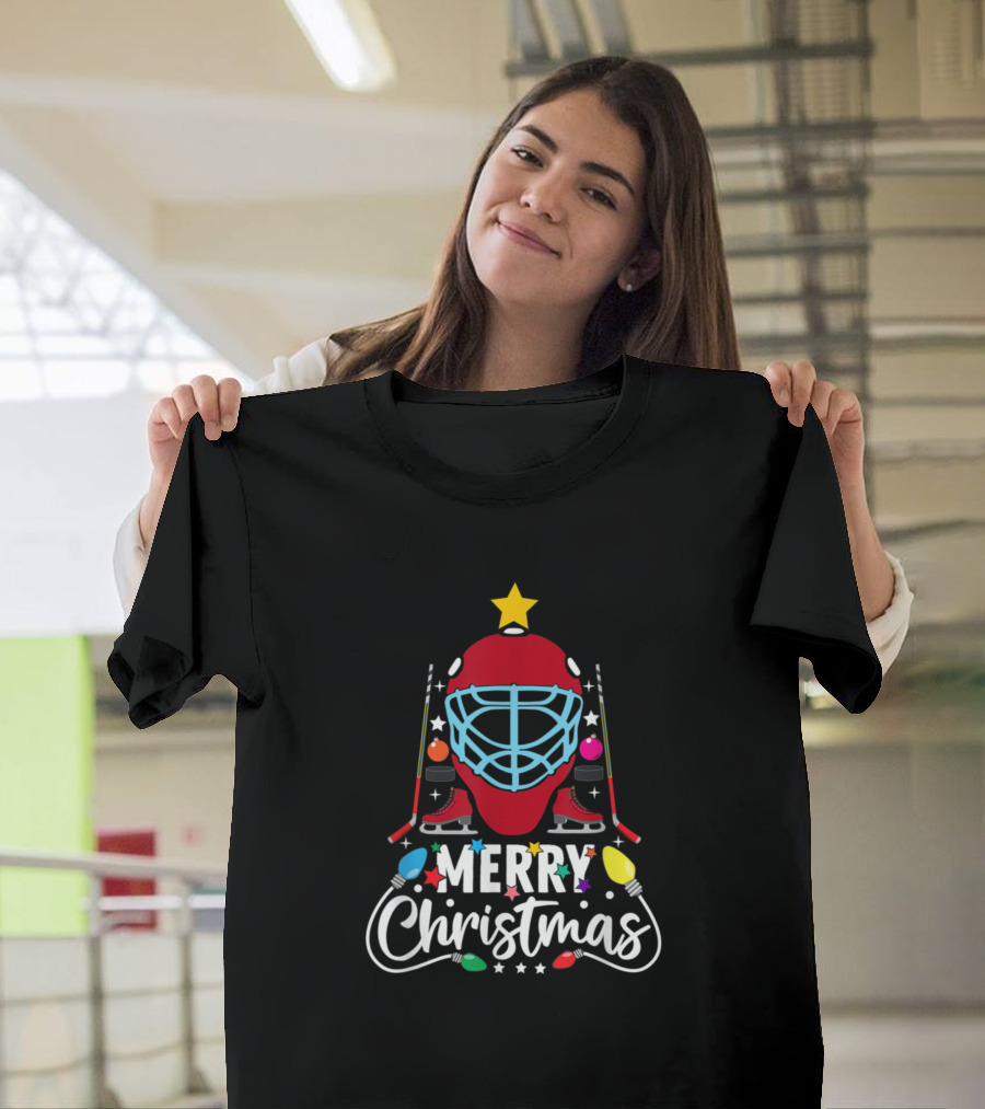 Merry Christmas Ice Hockey Mask Tree with Lights and Skates T-Shirt