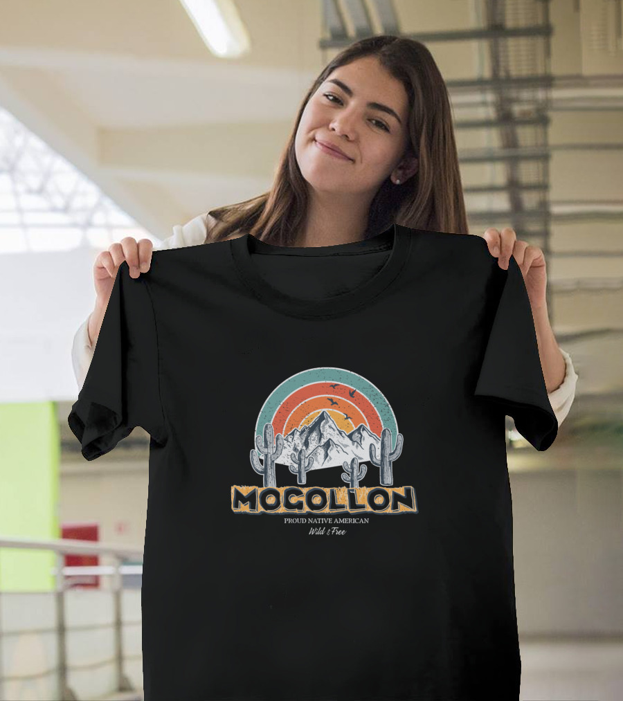 Mogollon Proud Native American Wild and Free Mountains and Cacti Retro Sunset T-Shirt
