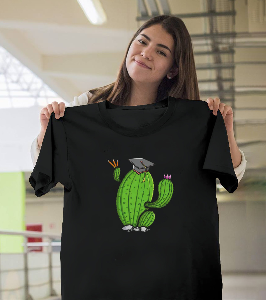Not A Hugger Cactus Graduation Cap Peace Sign T-Shirt
