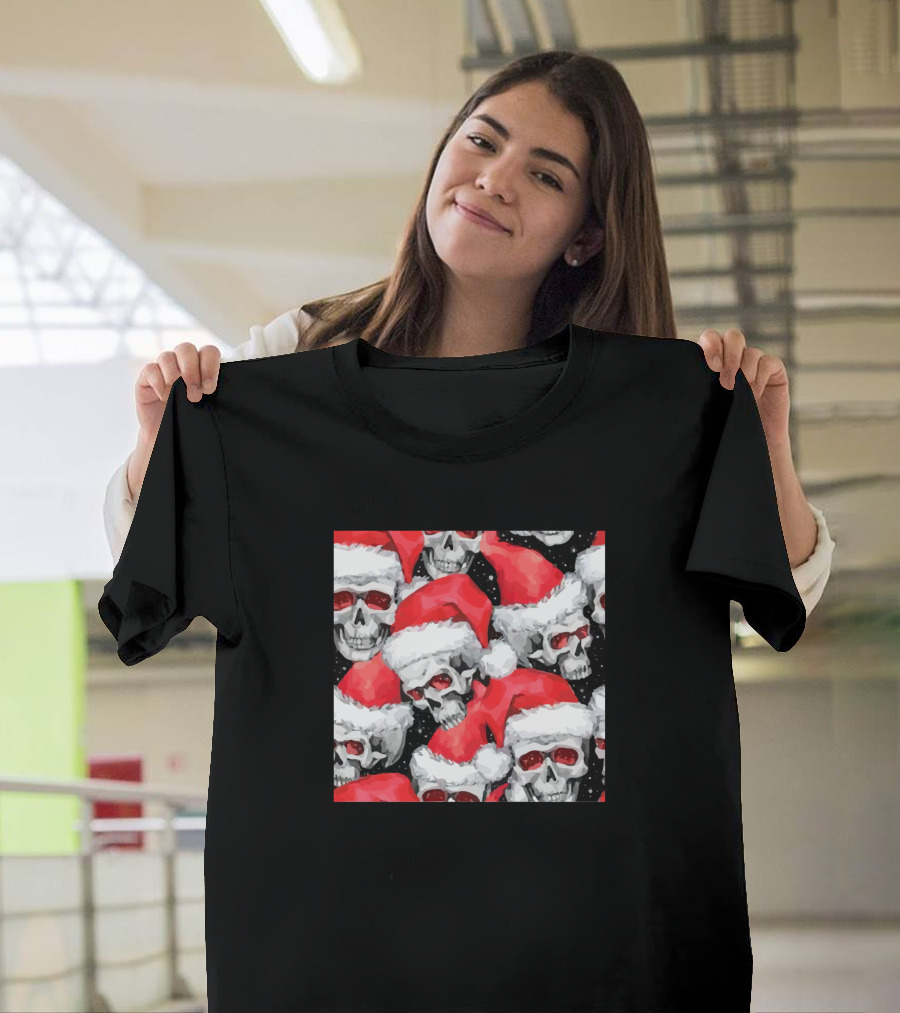 Watercolor Seamless Sketchy Modern Skulls in Santa Hats T-Shirt