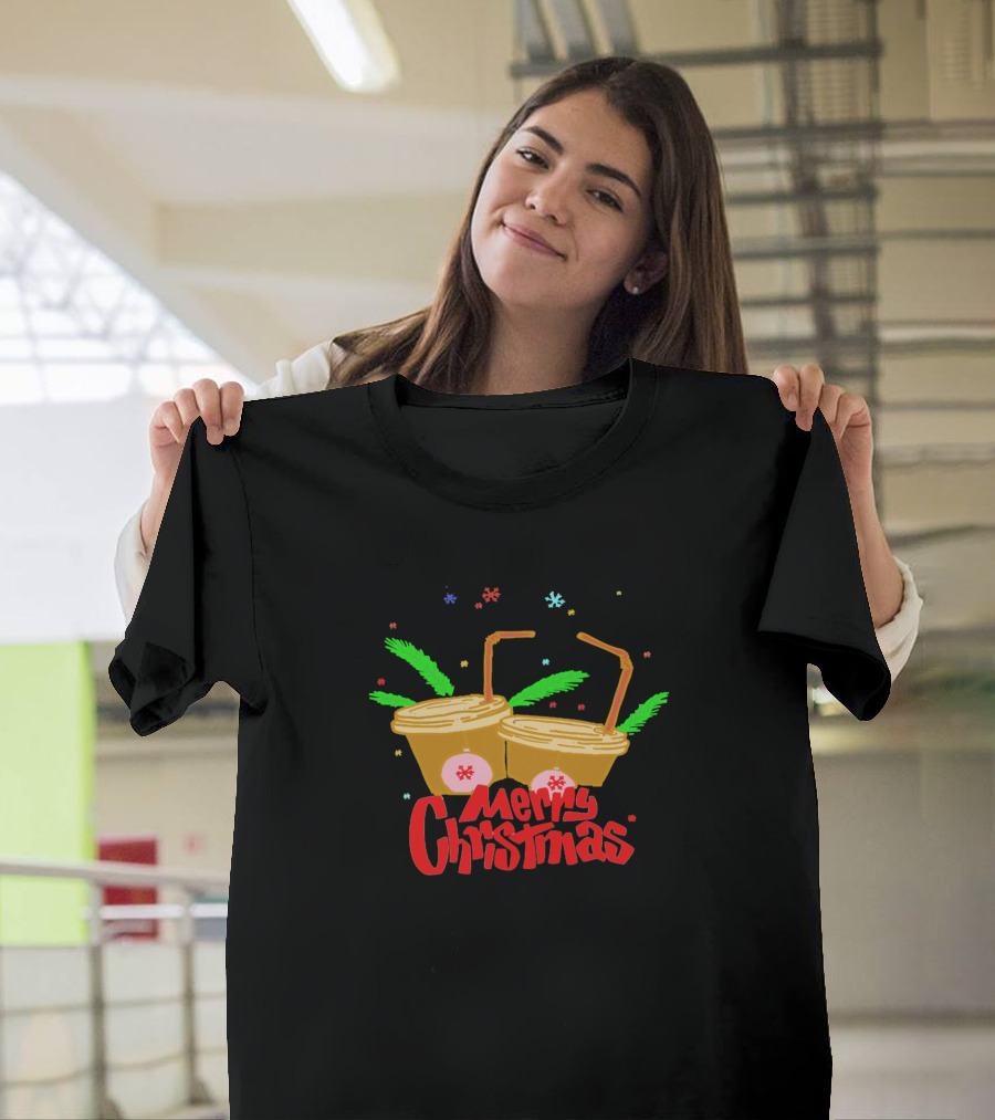 Merry Christmas Iced Drinks Snowflakes and Palm Leaves T-Shirt