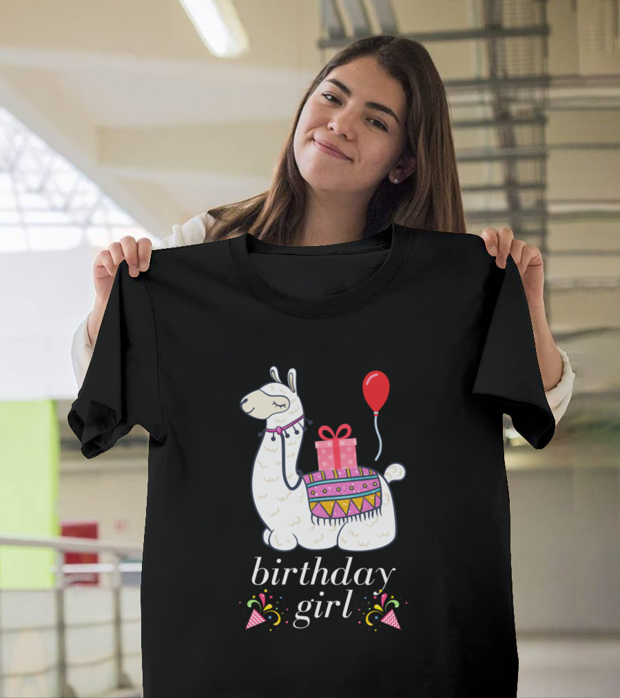 Birthday Girl Alpaca with Gift and Balloon T-Shirt