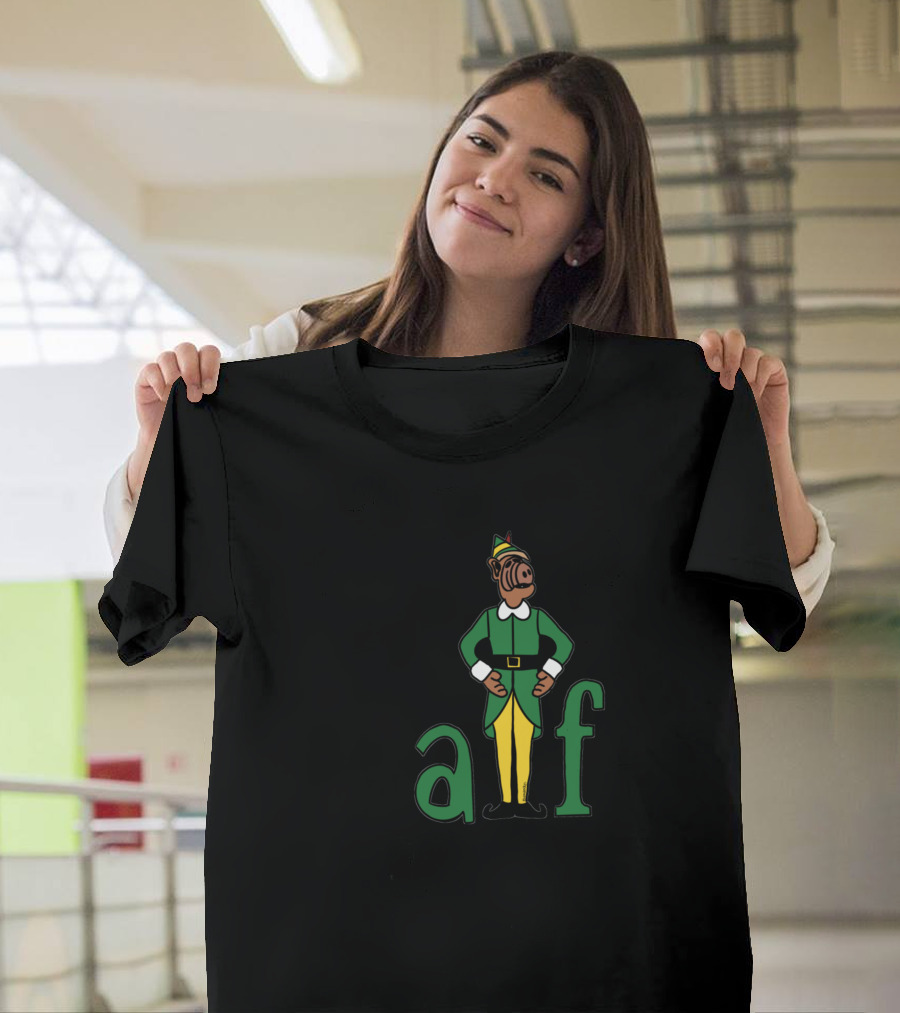Buddy the Alf Elf Character in Green and Yellow Outfit with a l f Text T-Shirt
