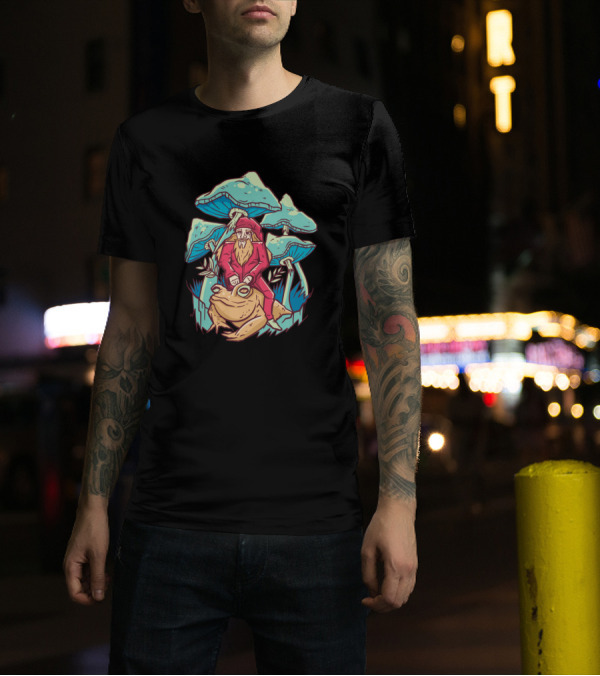 Santa Riding Frog In Mushroom Forest T-Shirt