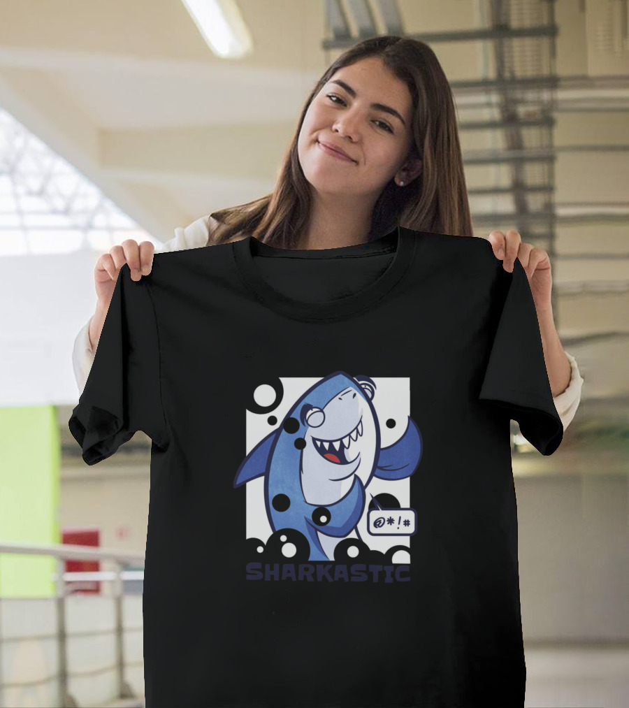 Sharkastic Cartoon Shark with Bubbles and Symbols T-Shirt