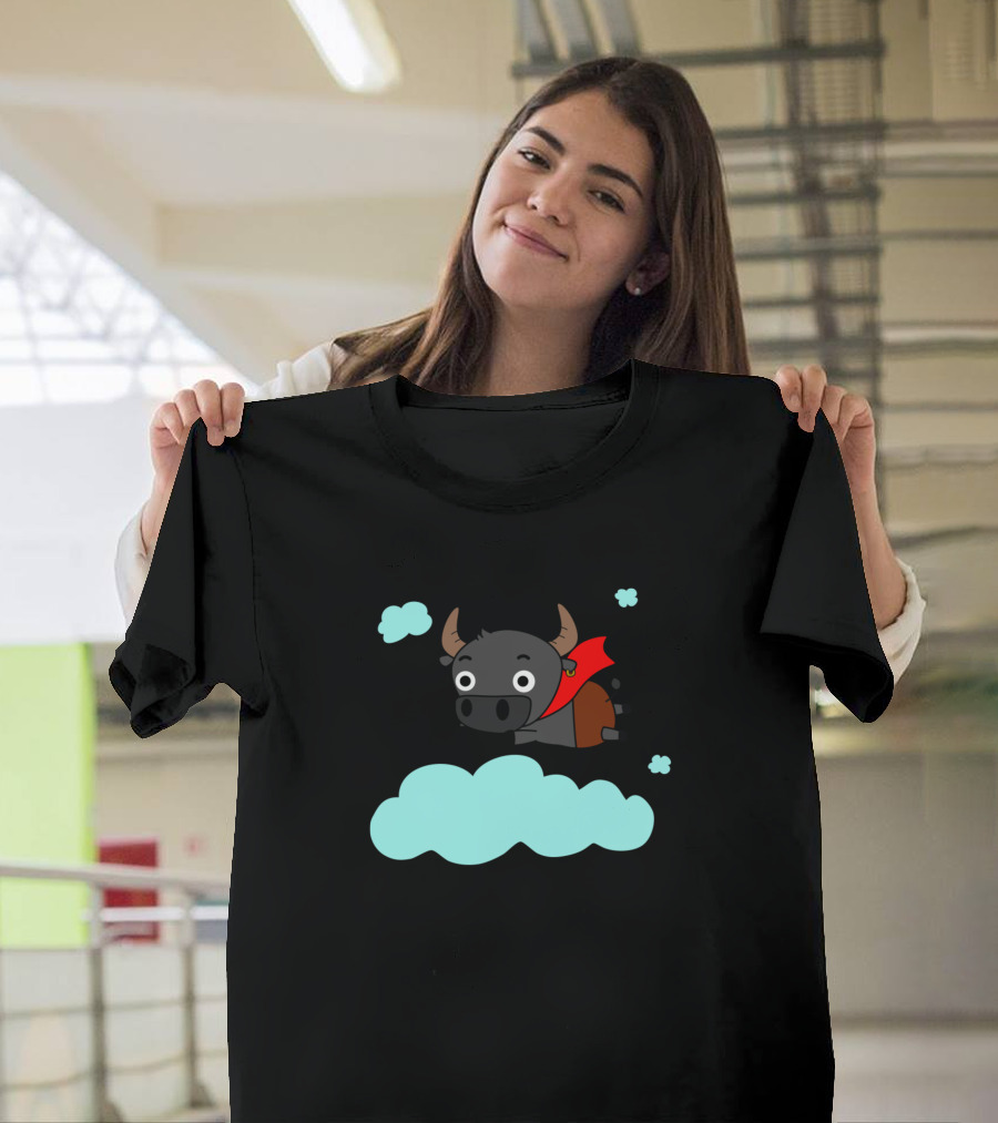Happy Buffalo Flying Freely In The Sky with Red Cape and Clouds T-Shirt