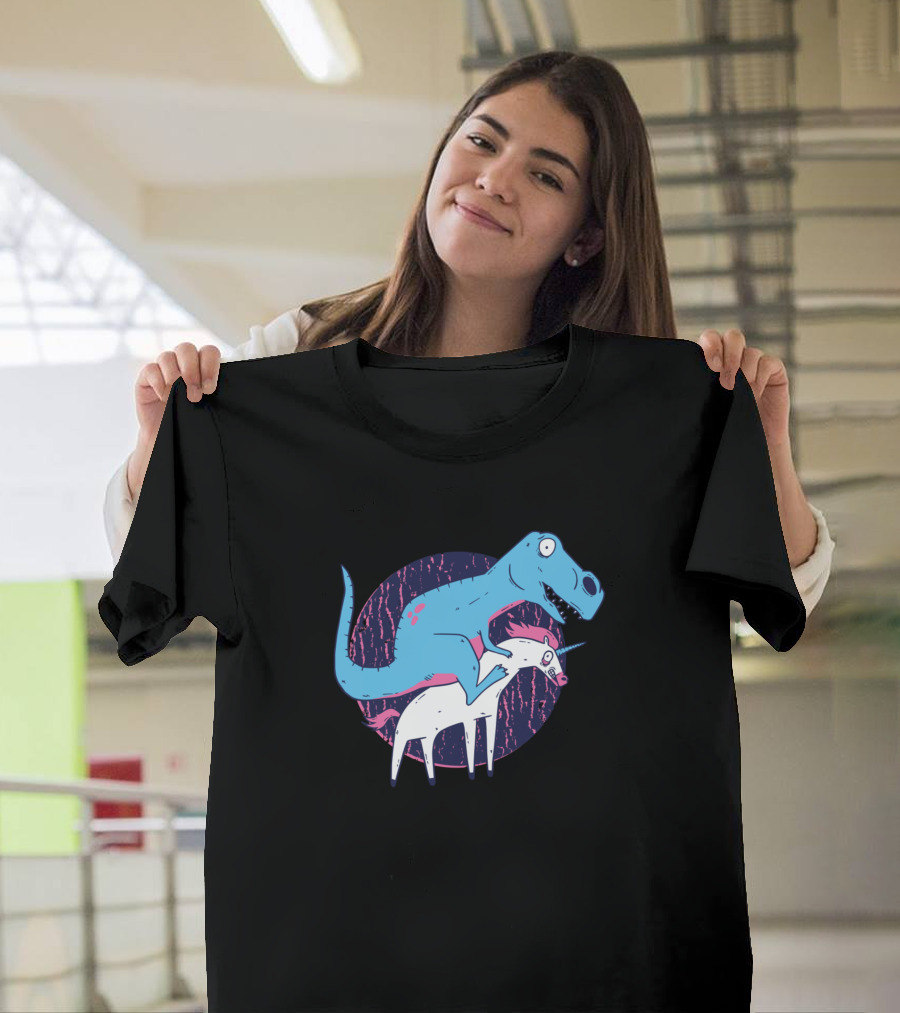 Dinosaur Riding Unicorn Retro Style Circle Background T-Shirt