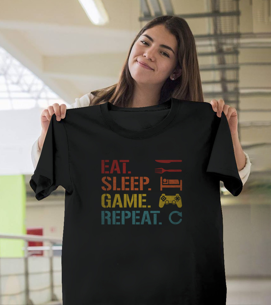 Eat Sleep Game Repeat Gamers Routine with Controller and Icons T-Shirt
