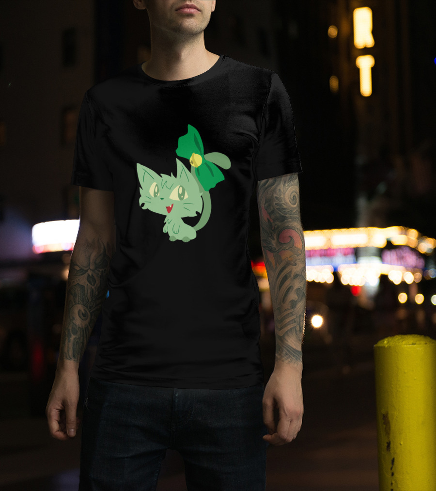 Sprigatito Green Cat Bow Cute Happy Fun T-Shirt