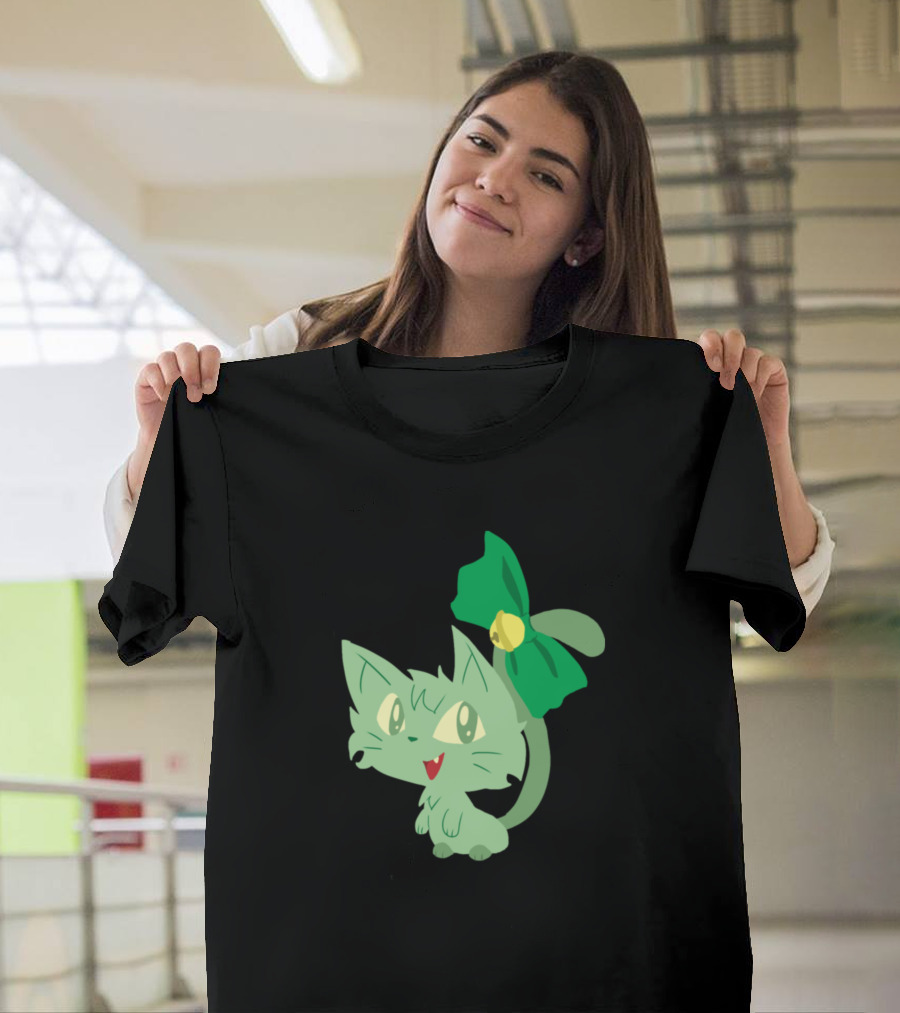 Sprigatito Green Cat Bow Cute Happy Fun T-Shirt