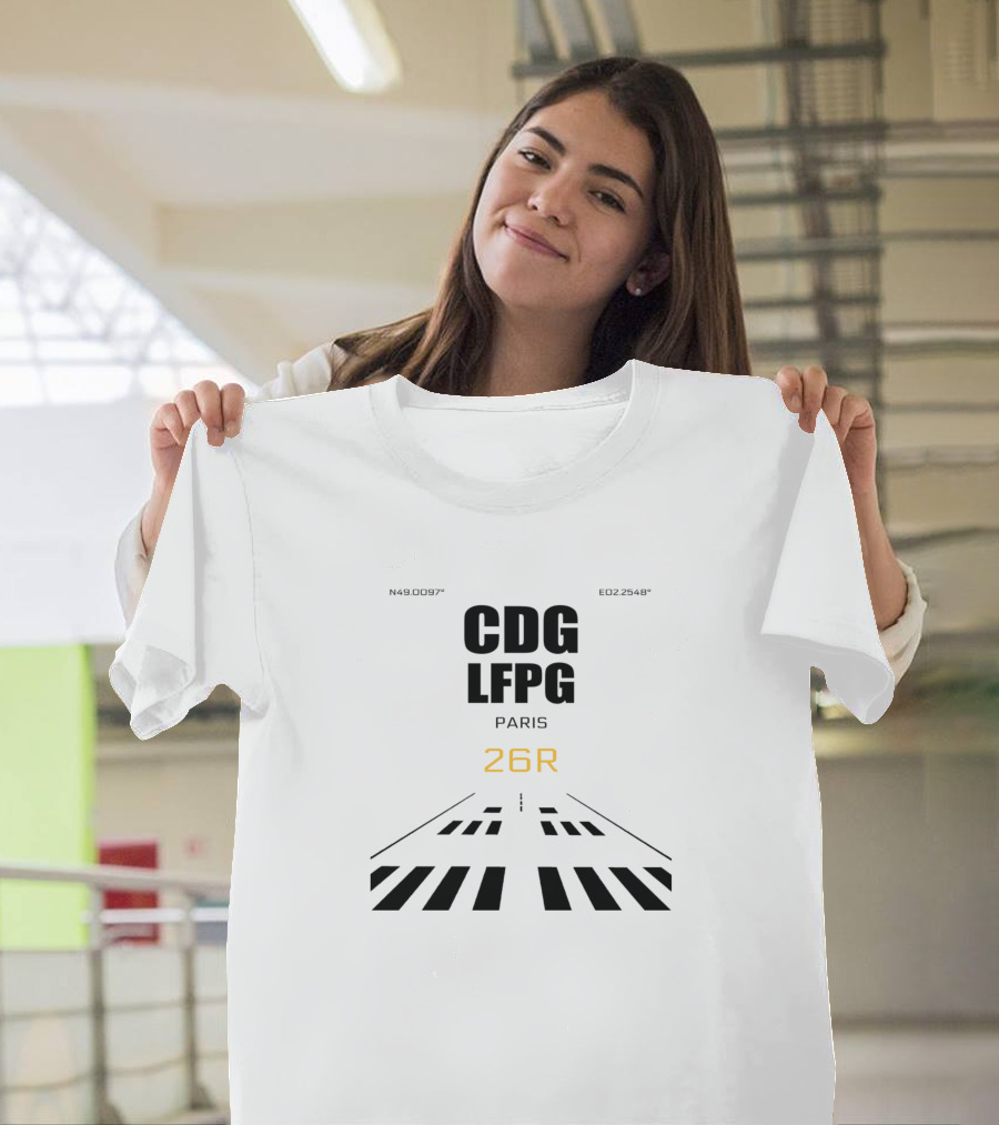 CDG LFPG Paris 26R Flight Runway Coordinates Black On White T-Shirt