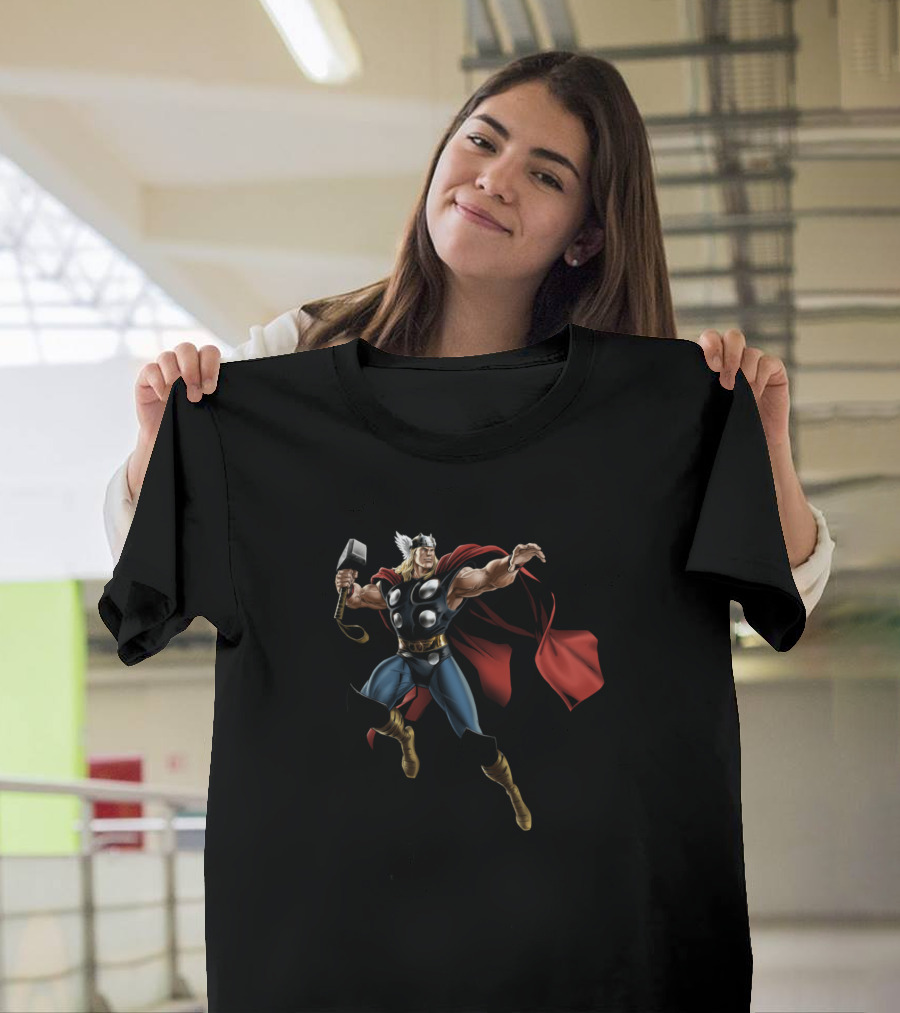 Thor Classic Marvel Superhero with Hammer and Red Cape T-Shirt
