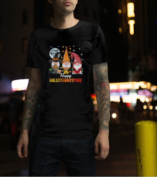 Happy HalloThanksMas Gnomes Halloween Merry Christmas T-Shirt
