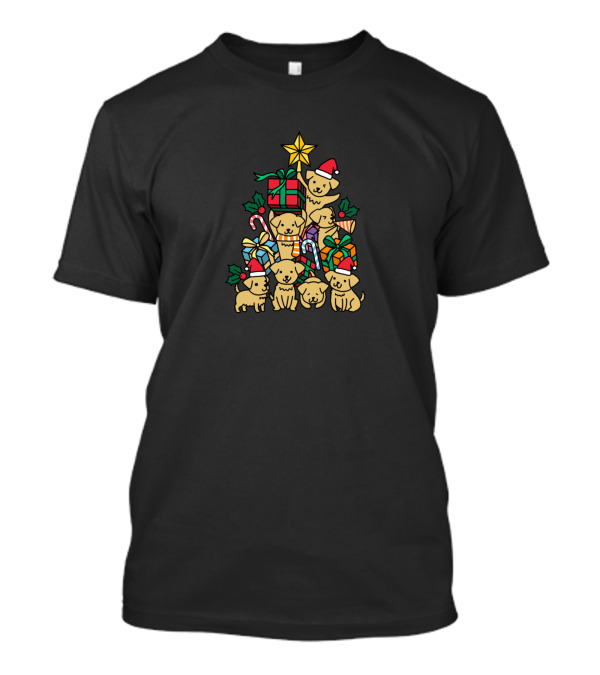 Golden Retriever Puppies Holiday Christmas Tree With Presents And Candy Cane T-Shirt
