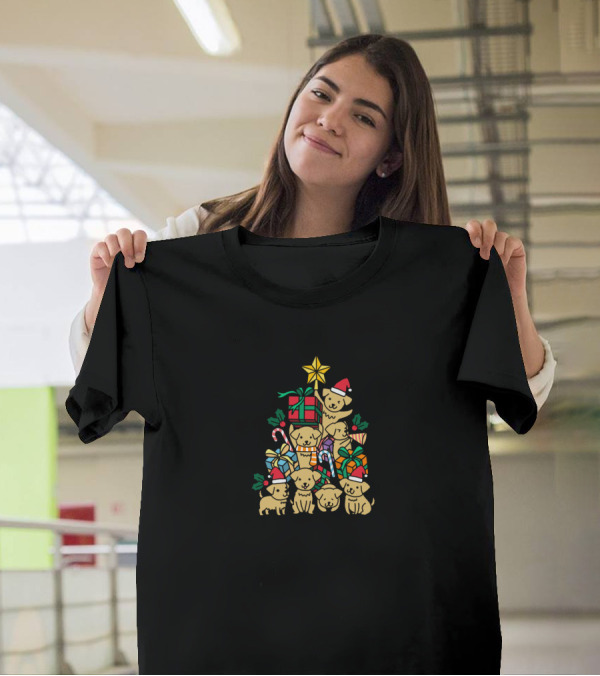 Golden Retriever Puppies Holiday Christmas Tree With Presents And Candy Cane T-Shirt