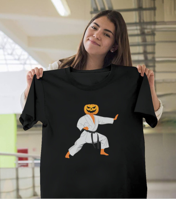 Karate Fighter With Pumpkin Head Halloween Scary T-Shirt