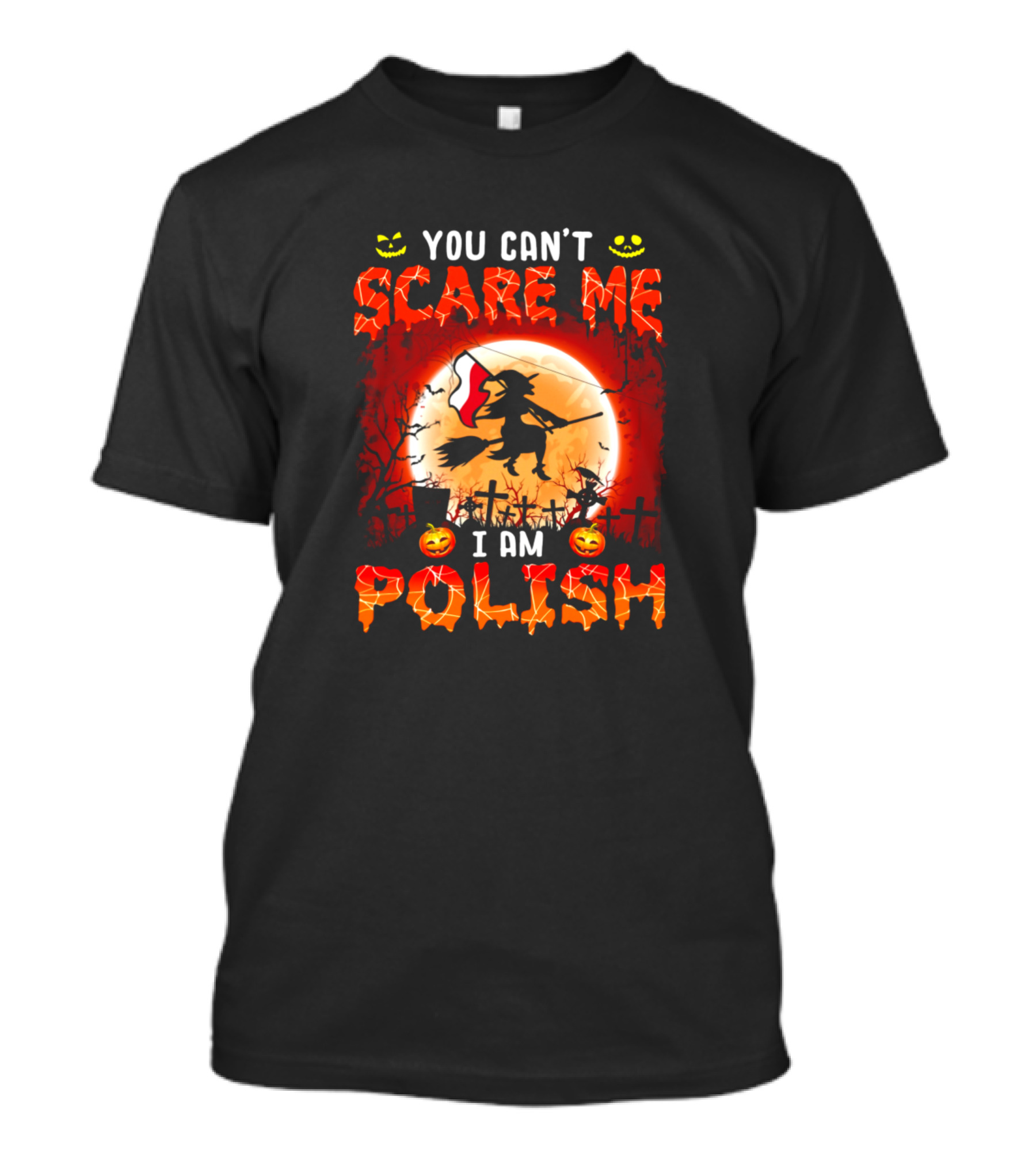 You Can't Scare Me I Am Polish Halloween Witch Silhouette Graveyard Scene T-Shirt