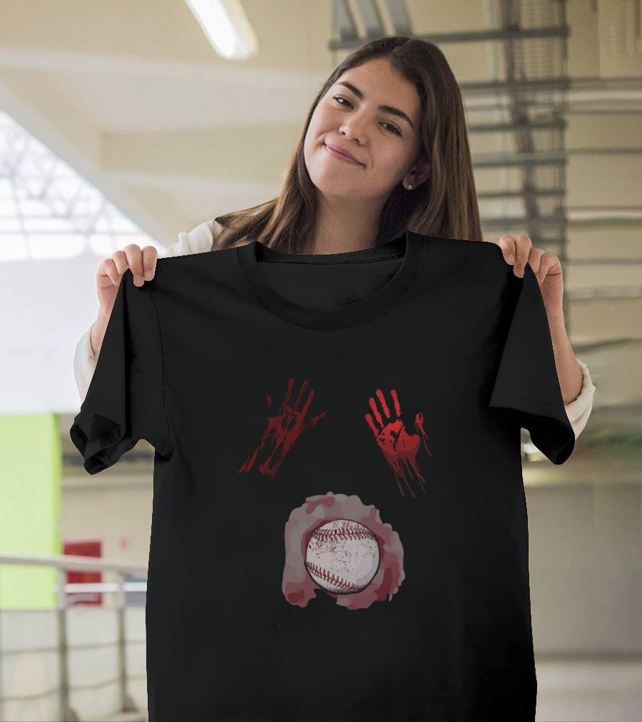 Halloween Zombie Baseball Player Bloody Handprints Baseball Zombie T-Shirt