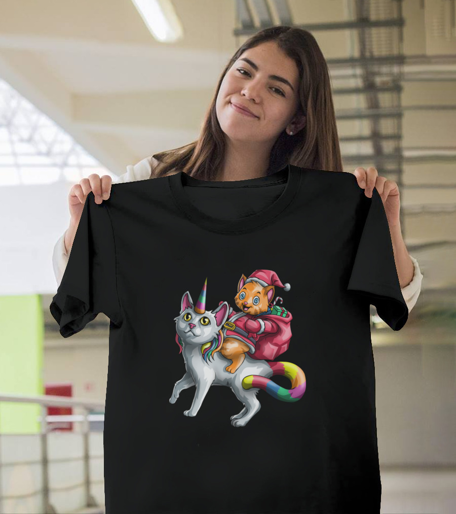 Meowy Xmas Cat Christmas Santa Caticorn Unicorn Rainbow Riding Cat with Gifts T-Shirt