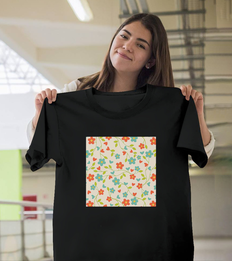 Red and Blue Floral Pattern with Green Leaves and Hearts T-Shirt