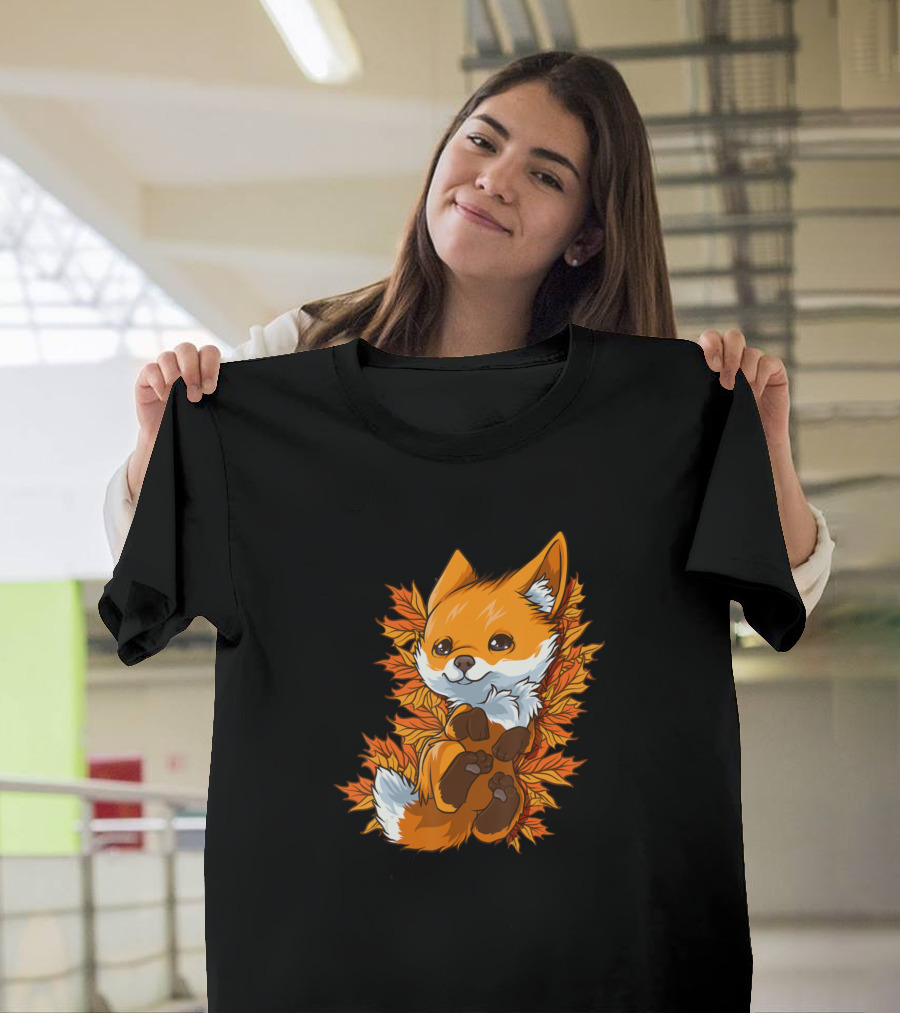 Red Fox Baby in Autumn Fall Leaves Forest Animal T-Shirt