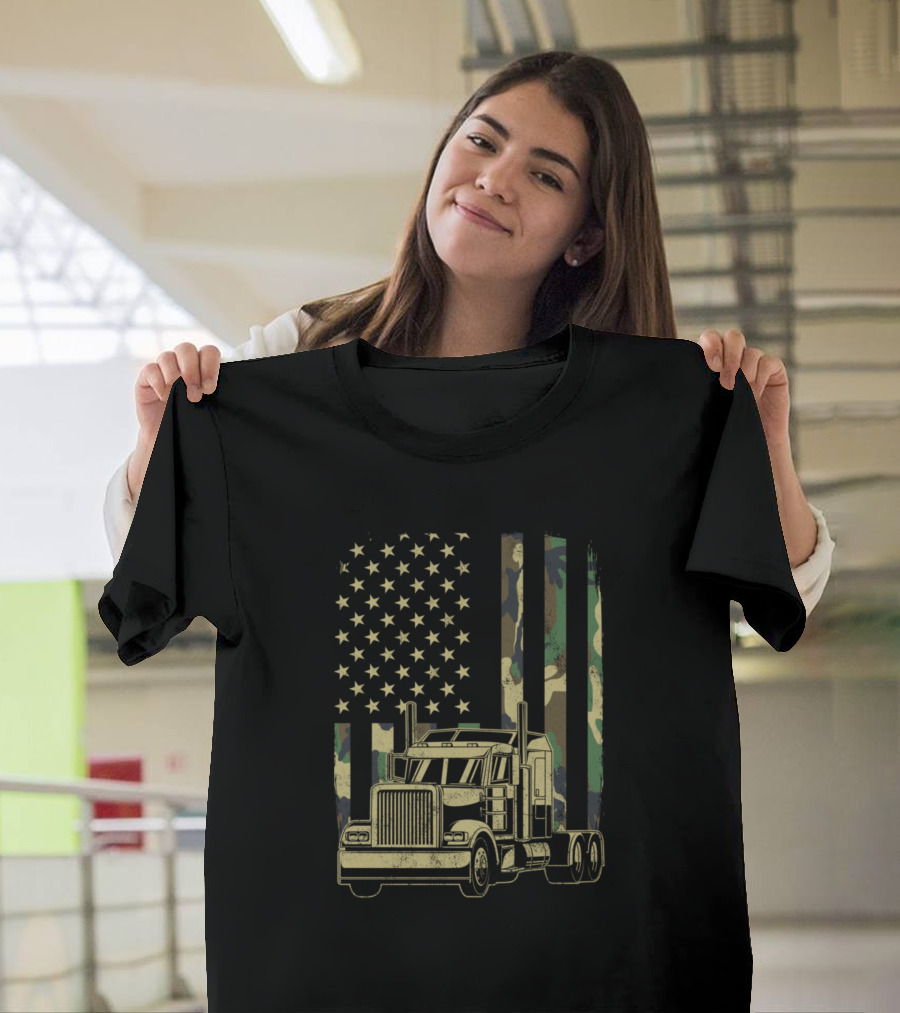 Vintage Camouflage American Flag Semi-Truck T-Shirt