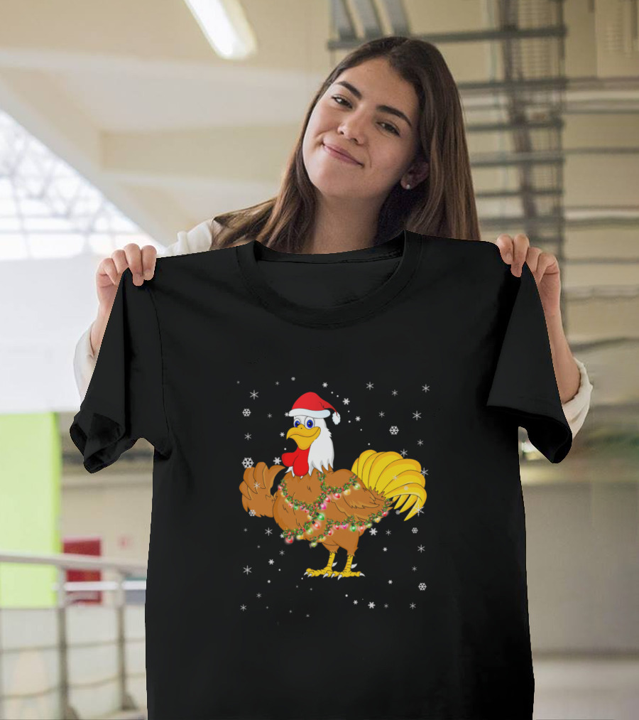 Christmas Rooster with Santa Hat and Holiday Lights T-Shirt