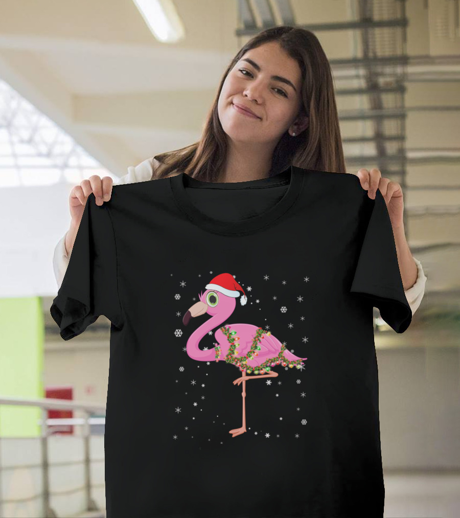 Flamingo Santa Hat Wrapped in Christmas Lights with Snowflakes T-Shirt
