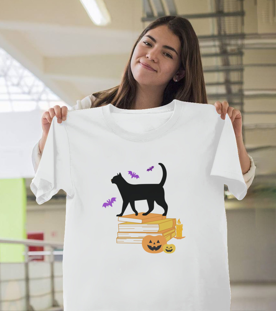 Halloween Cat with Books and Pumpkins T-Shirt