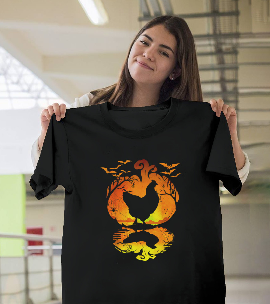 Happy Halloween Chicken Pumpkin Silhouette with Bats and Spider Webs T-Shirt