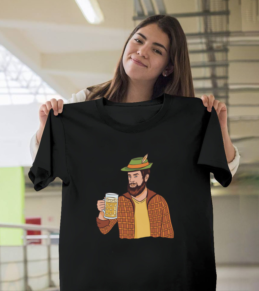 Hipster Man With A Beer Mug in Plaid Jacket and Green Hat with Feather T-Shirt