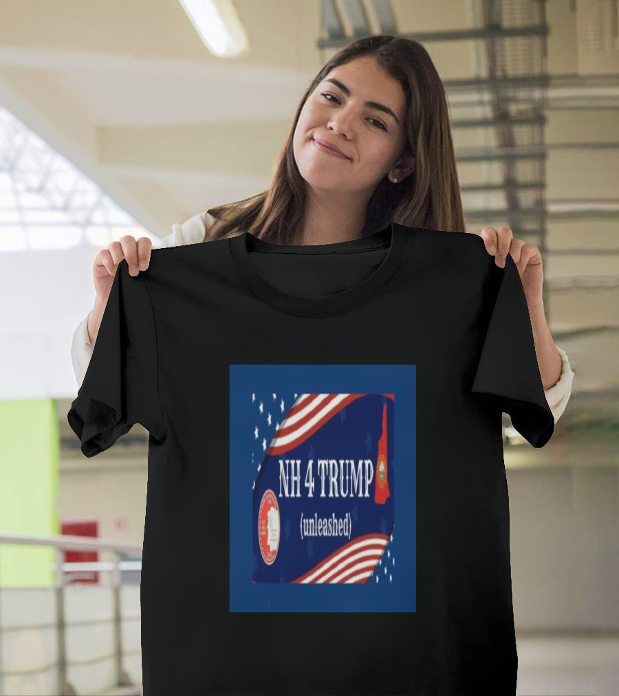 NH 4 Trump Unleashed American Flag and New Hampshire Silhouette T-Shirt