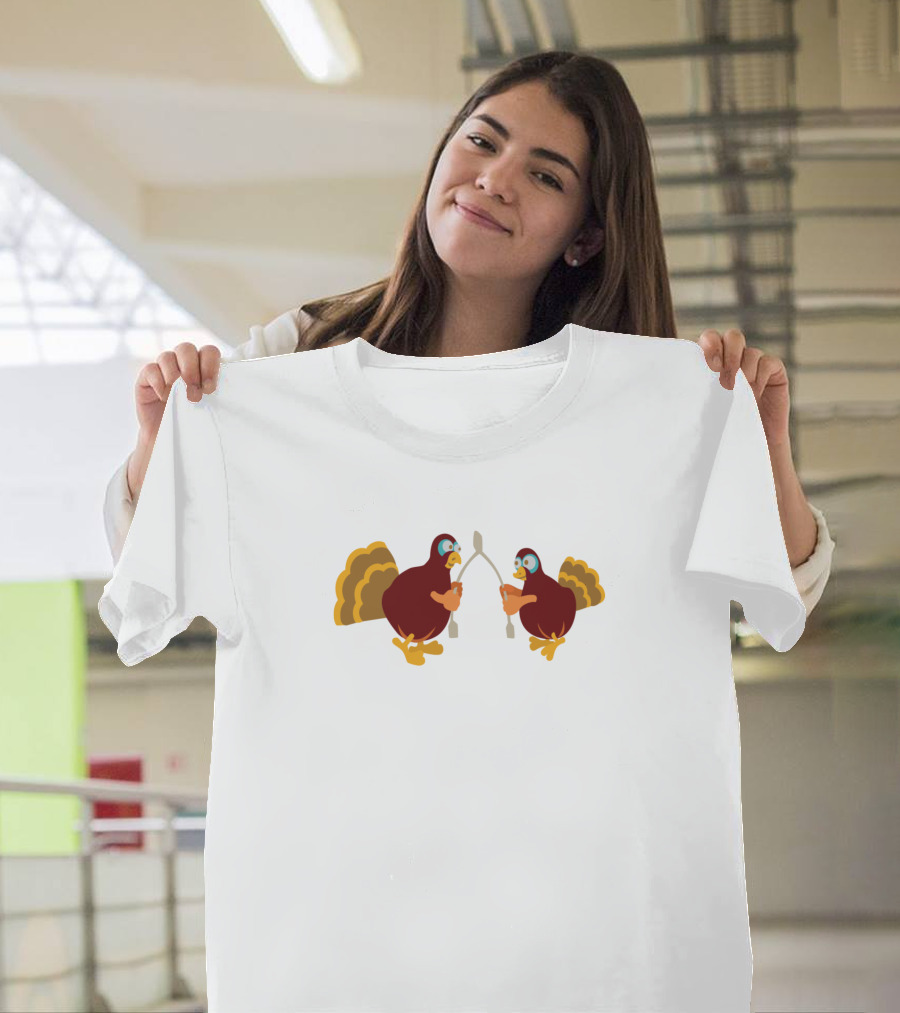 Double Turkeys Challenging Each Other in Wishbone Tug Battle T-Shirt
