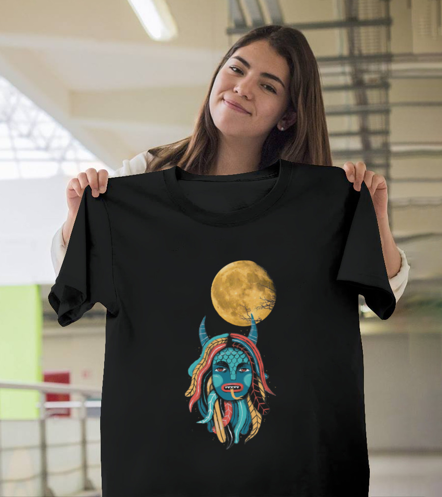 Demoness Colorful Horned Mask Under Full Moon T-Shirt