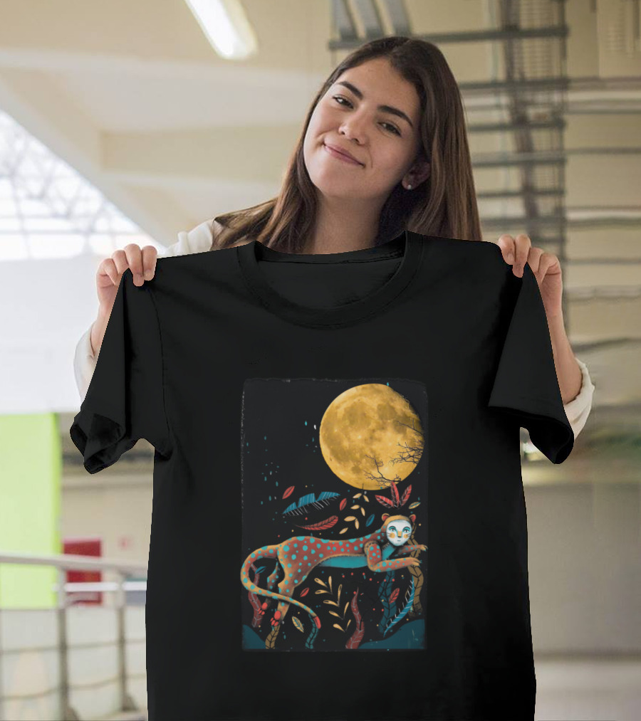 Leopard Moonlight with Leaves Under Golden Full Moon T-Shirt