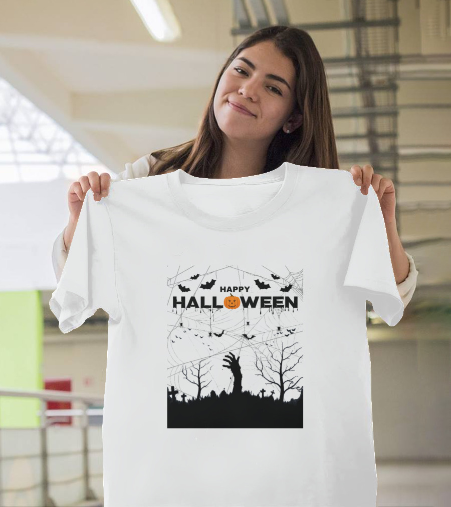 Happy Halloween Dark Graveyard Scene with Pumpkins and Bats T-Shirt