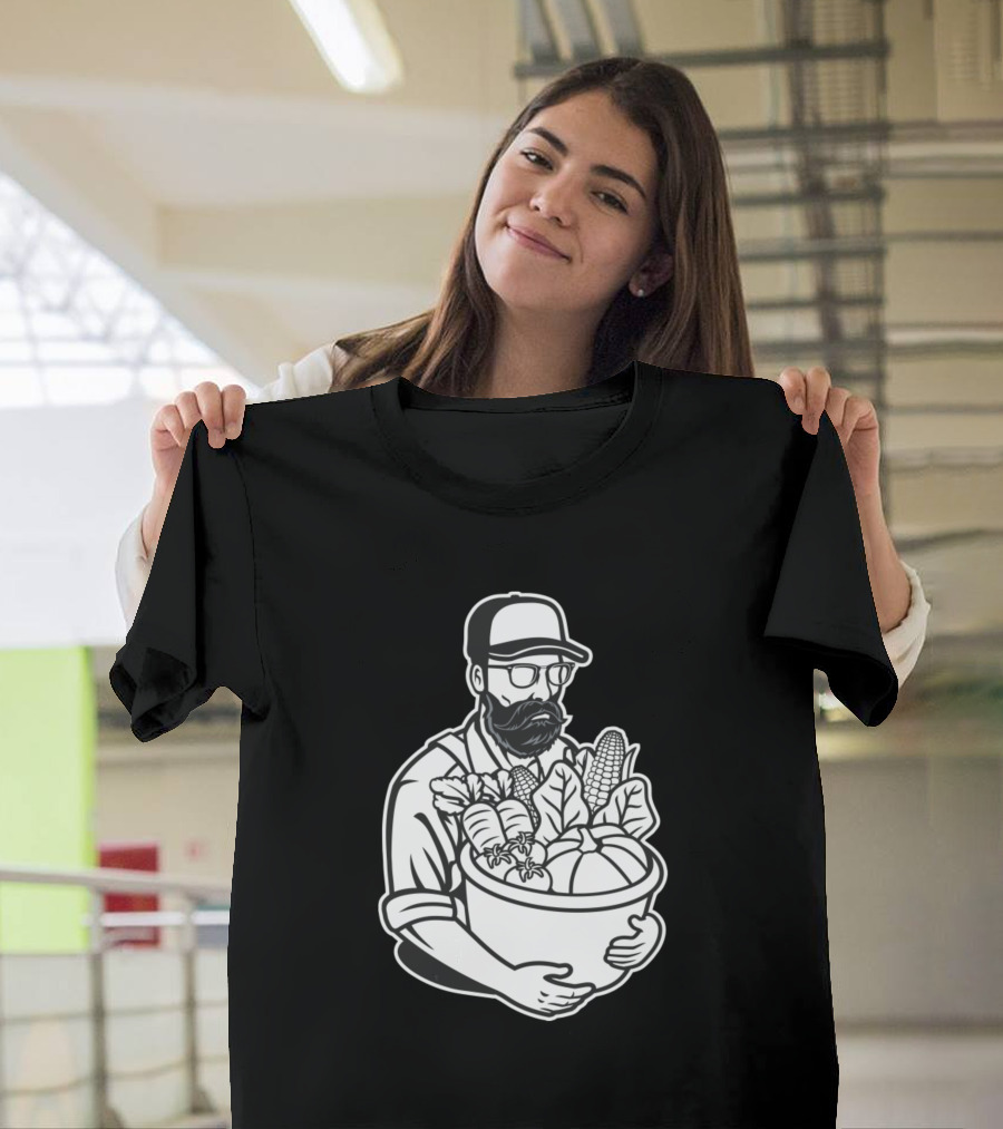 Farmer Holding Basket of Fresh Vegetables with Beard and Hat T-Shirt