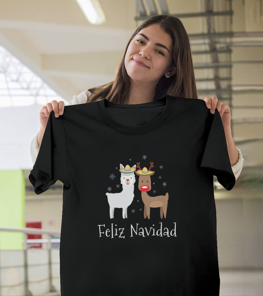 Feliz Navidad Llama and Reindeer with Sombreros T-Shirt
